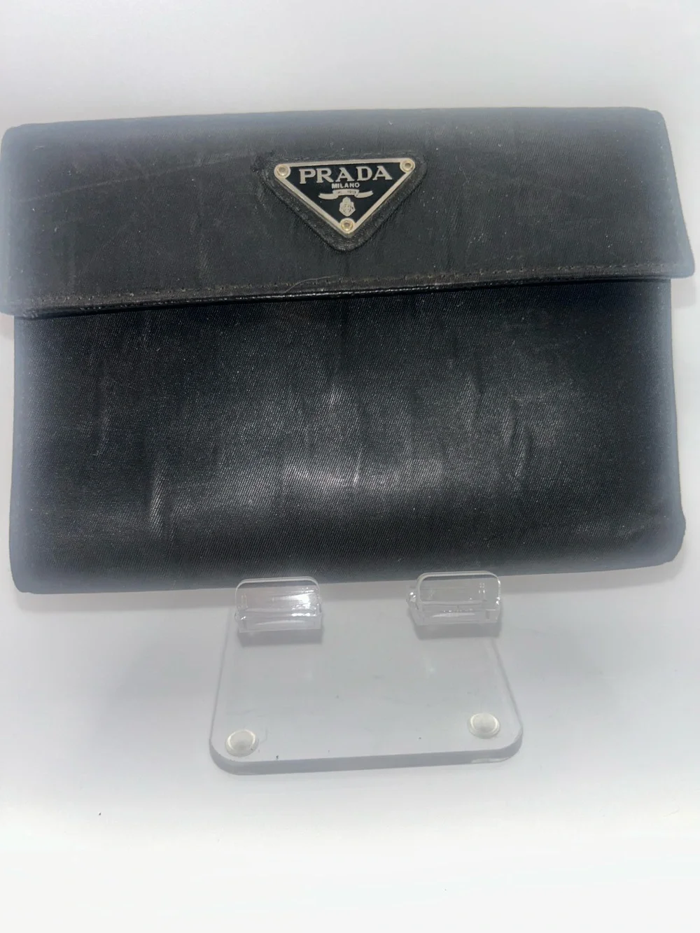 Prada Vintage Black Tessuto Nylon Saffiano Leather Trifold Wallet